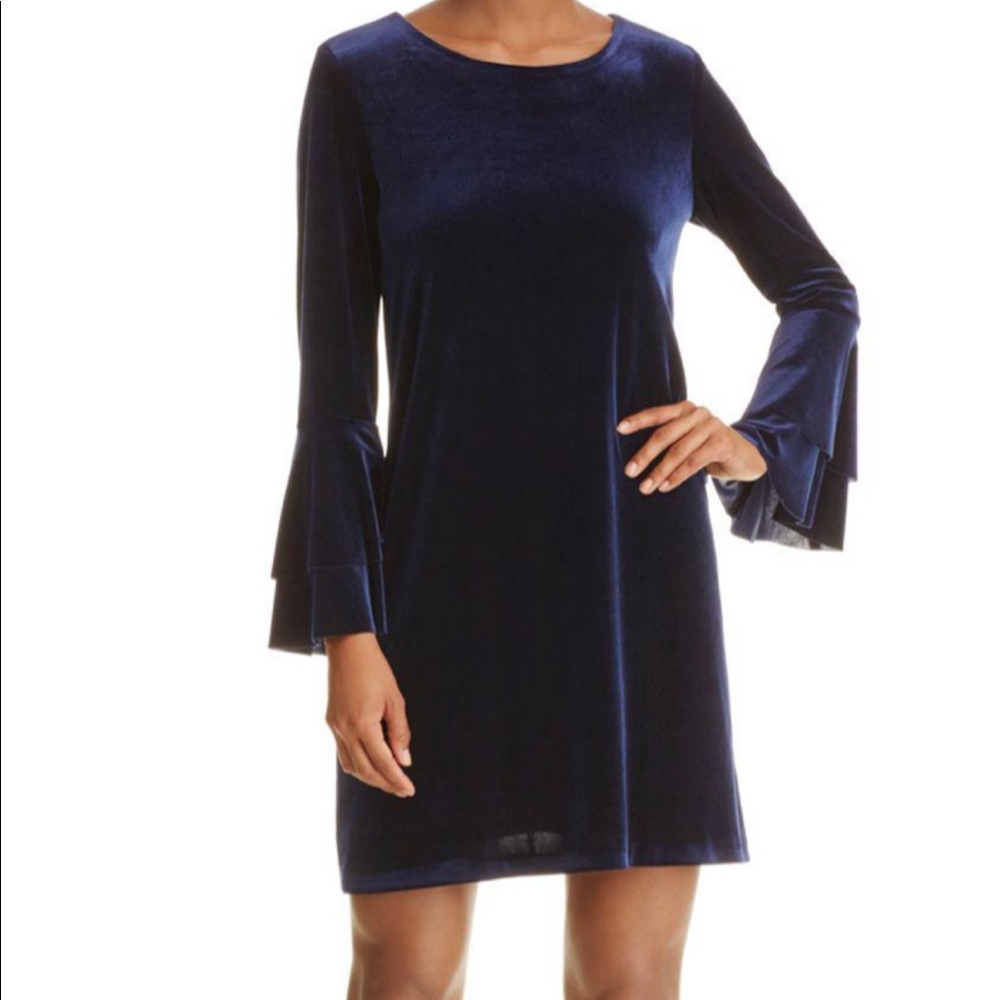AQUA blue velvet bell sleeve dress